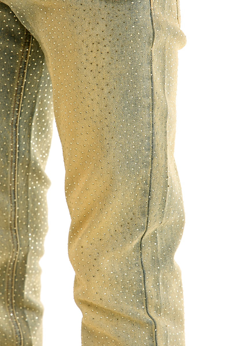 KDNK Rhinestone Skinny‑Flare Jeans - Tinted Blue