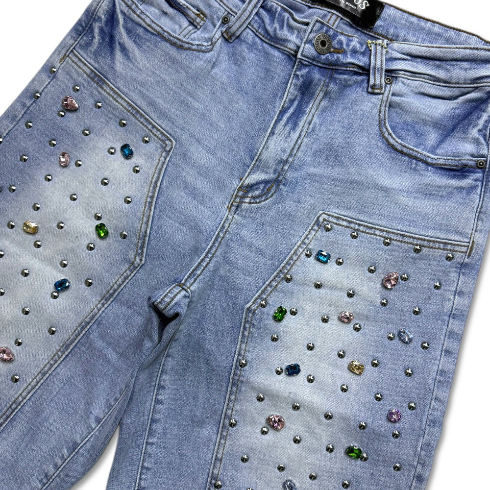 Vicious Denim Men's Embellished Multicolor Gem denim shorts - Light blue